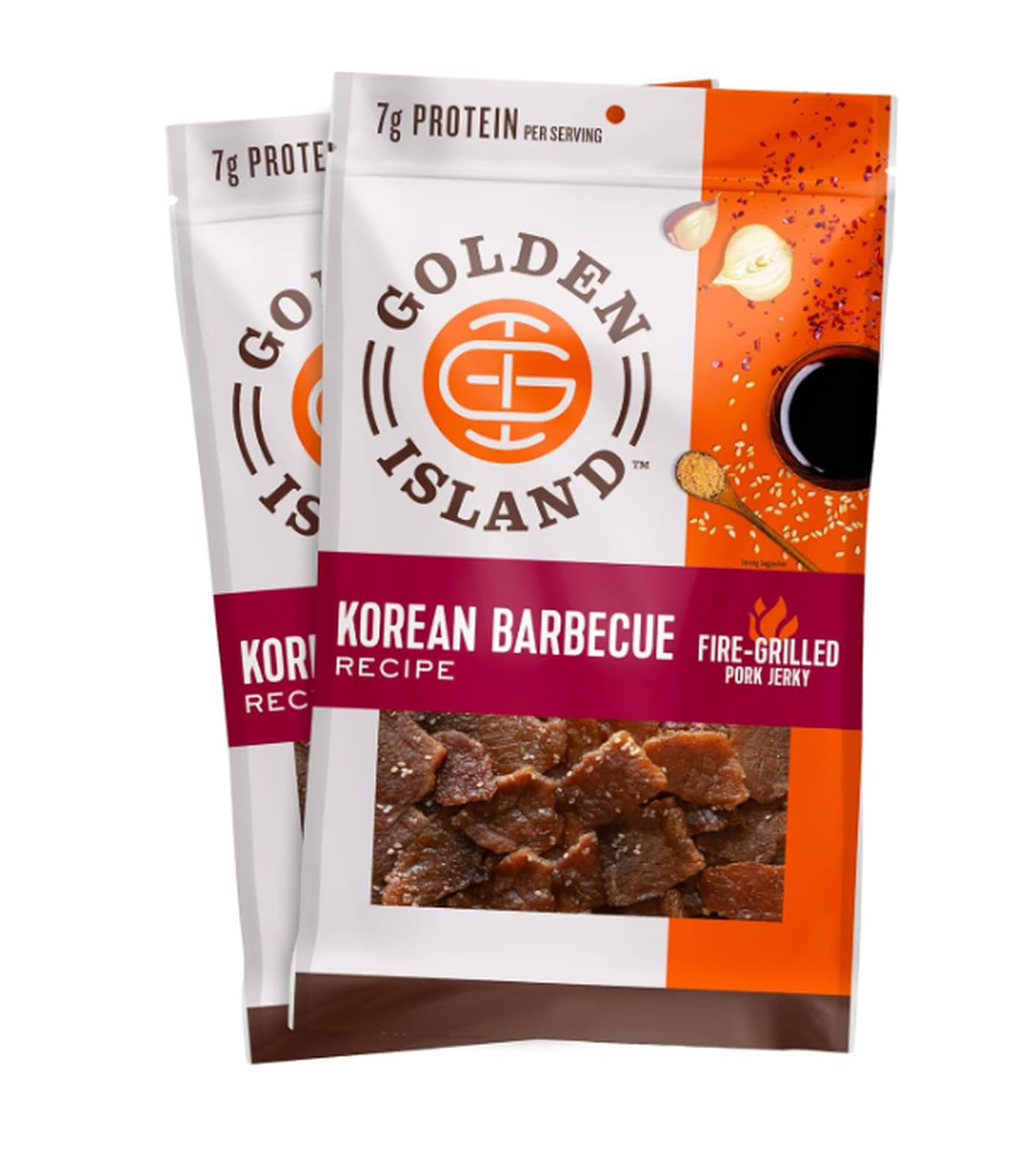 Golden Island Pork Jerky Korean BBQ Flavored, Specialty Meat Snack, Gluten Free with Korean Barbecue Seasoning, Bite Sized Sweet and Savory Protein Snack, 7g of Protein Per Serving, 9 Oz (2 Pack)