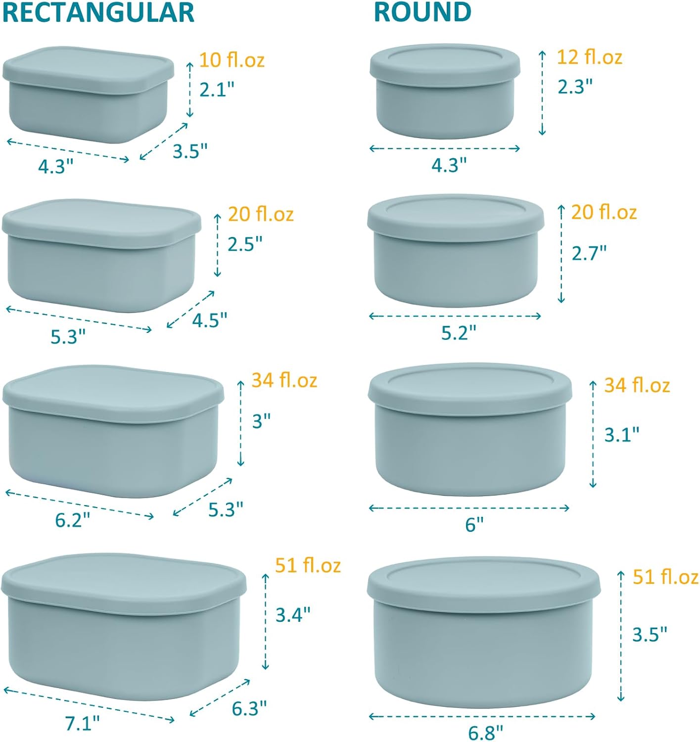 100% Silicone Food Storage Containers with Lids, 8 Pack, 10oz to 51oz, Reusable Leakproof Nesting & Stackable Silicone Bento Lunch Box, Microwave Freezer Dishwasher Oven Safe, BPA Free, Slate Green