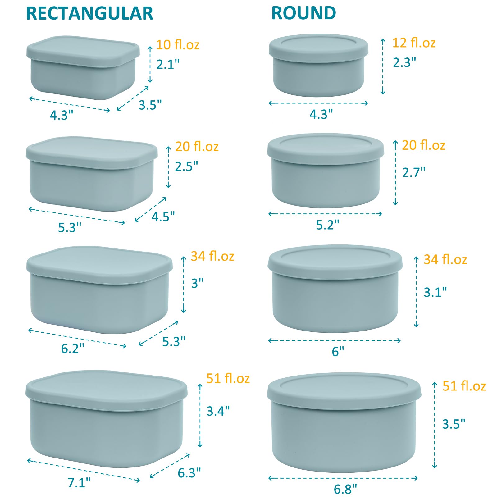 Frischhaltedosen aus 100 % Silikon mit Deckel, 8 Stück, 284 ml bis 1,4 l, wiederverwendbar, auslaufsicher, stapelbar, Bento-Lunchbox, mikrowellen-, gefriergeeignet, spülmaschinenfest, BPA-frei