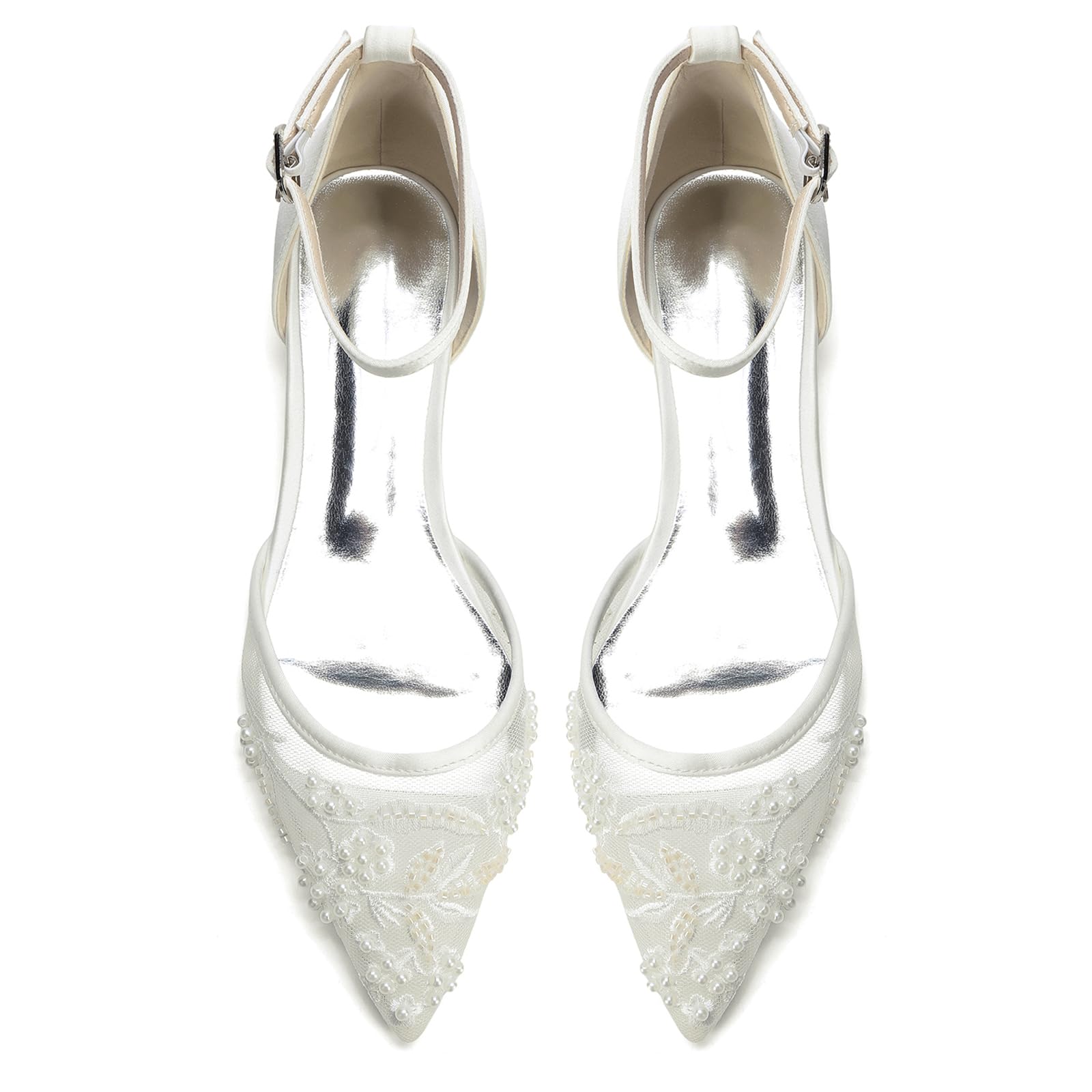 Eleganckie buty dla panny młodej, płaski obcas 2,5 cm, biała siatka, koraliki, koronka, pasek na kostkę, dla panny młodej