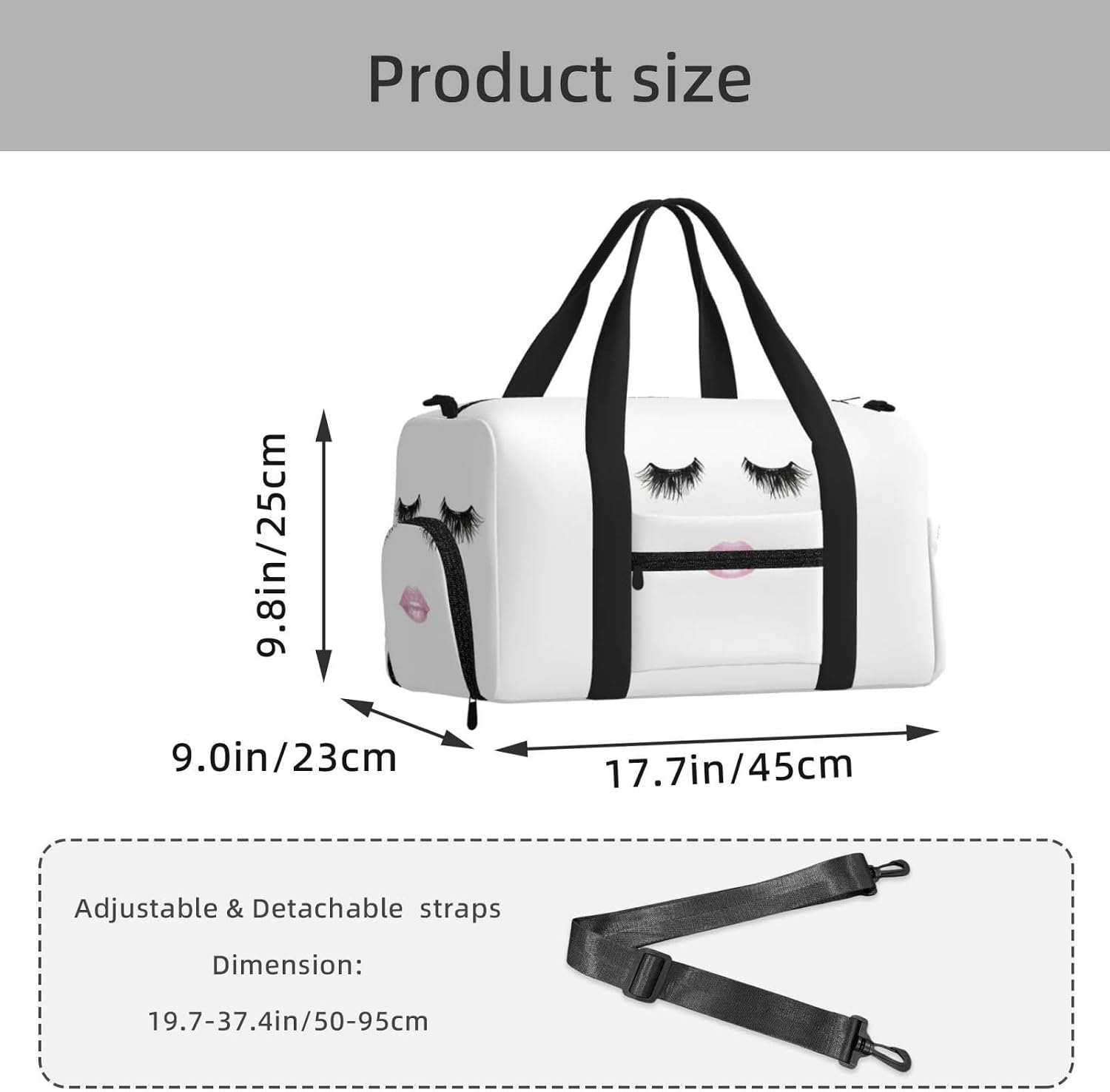 Eyelash Lip White Print Handheld Sports Luggage Unisex Crossbody Bag Travel Weekend Fitness Workout image 3