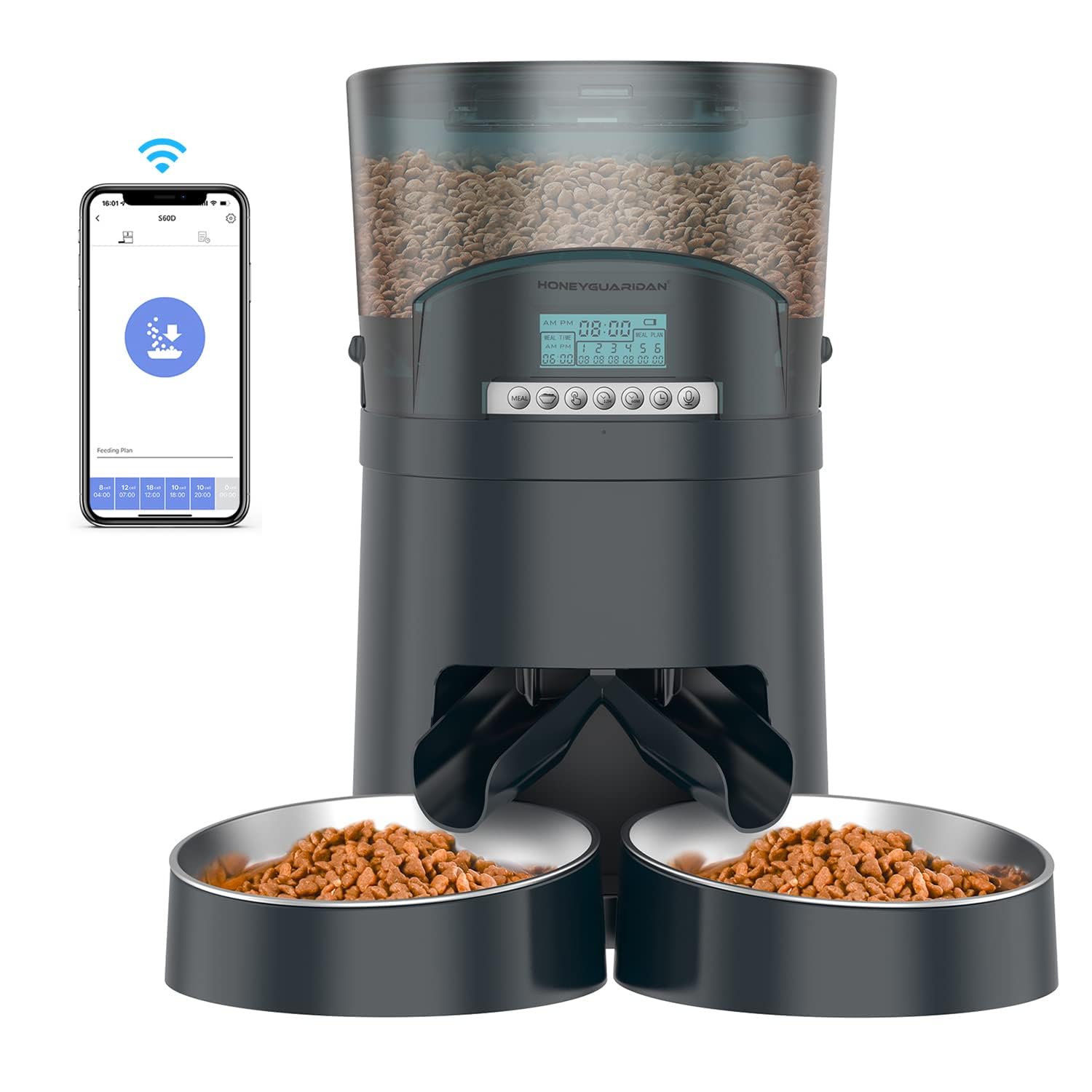 HoneyGuaridan Comedero Automático 2.4G WiFi, Dispensador Comida para 2 Gatos/Perros con Mando a Distancia App, Grabación 10s, 1-6 Comidas al día, Programa Personalizado de Alimentación Automática