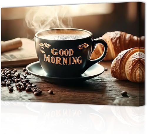 CHAOSETKEN Lienzo de cocina, arte de pared, póster de pan de café, imágenes vintage de taza de café, pintura de alimentos marrones para decoración