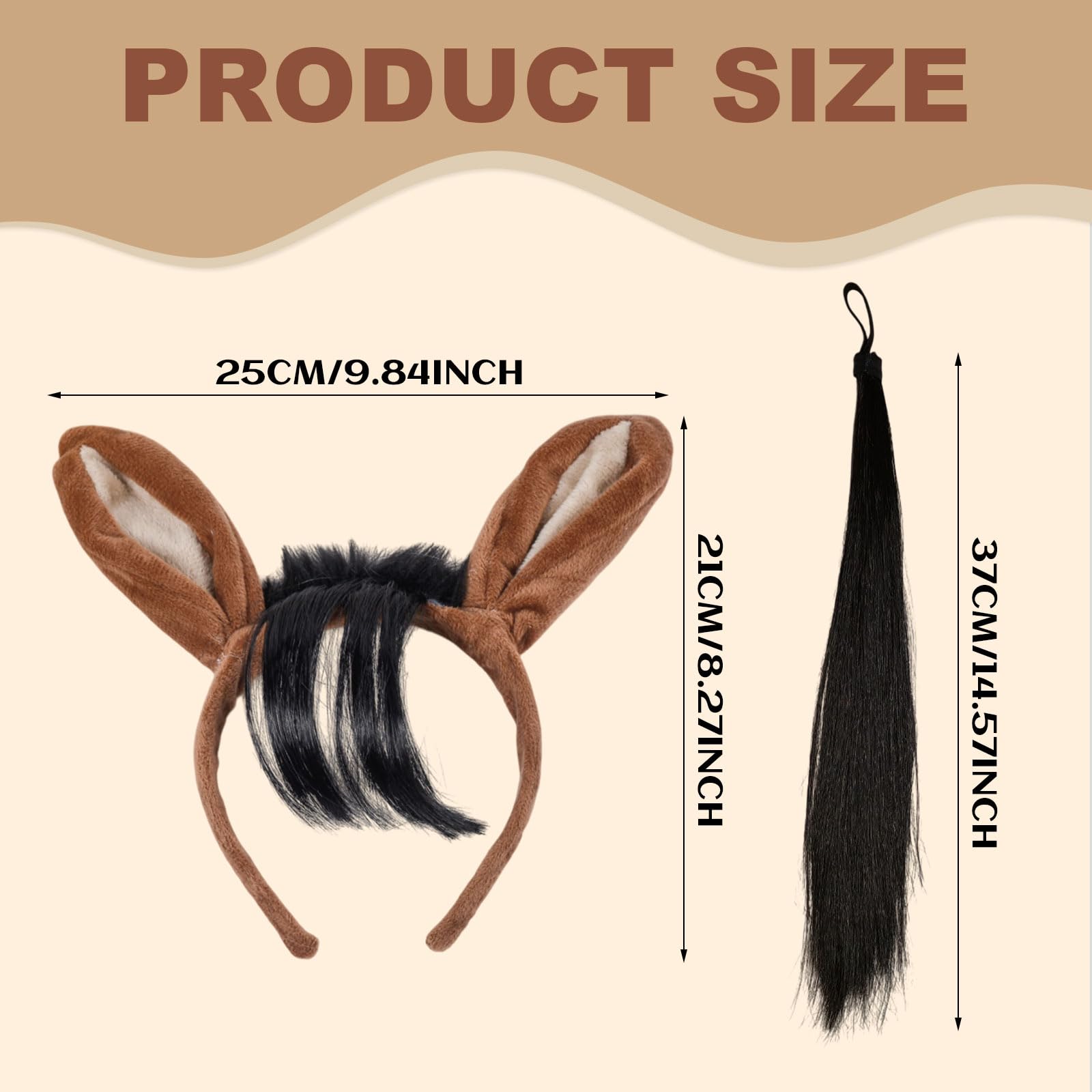 TUONYIS 4 Pcs Horse Ears on Head band and Tail Set, Farm Plush Donkey Cow Sheep Christmas Headband, Bull Horns Costume Set - Image 2
