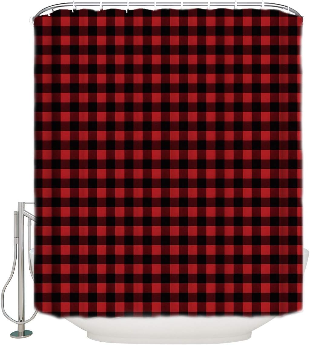 Libaoge Shower Curtain Set - Buffalo Plaid Curtains Classic Retro Red Black Checked Pattern Art Print Bathroom Shower Decor Waterproof Polyester Fabrics Comstomized Design 72" W x 72" H