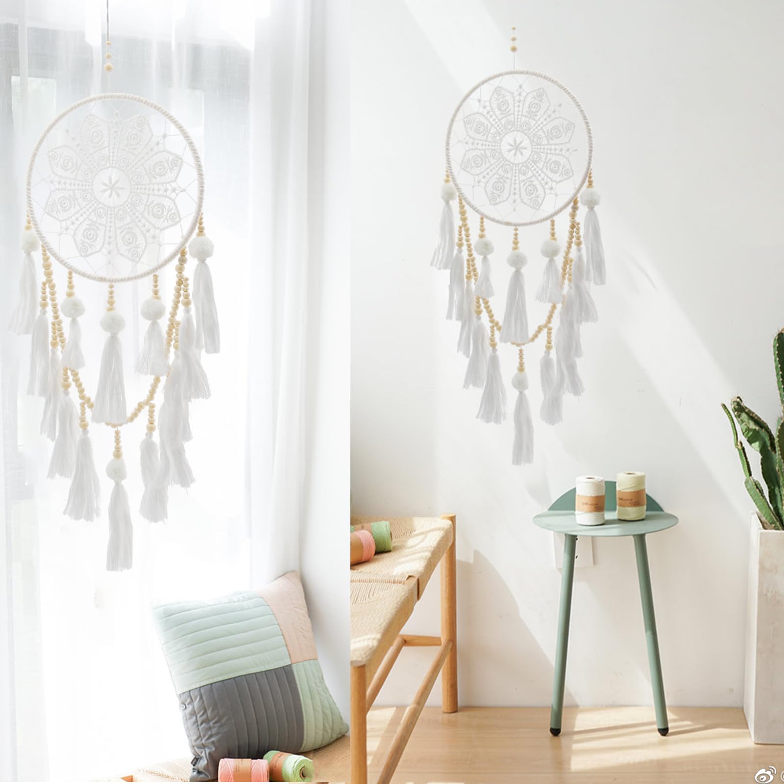 Attrape-rêves bohème fait main, décoration murale à pompons, ornement maison