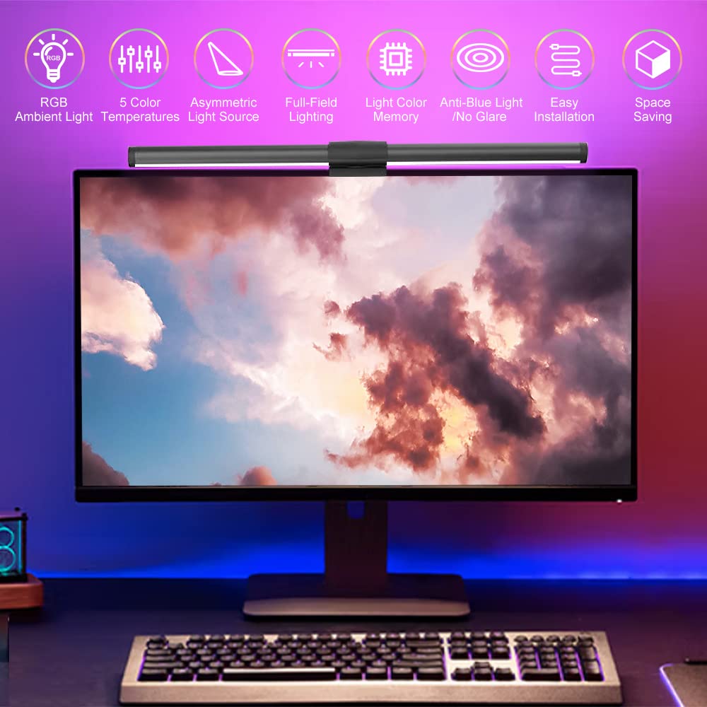 PC Moniteur USB Monitor Light Bar 44CM Contrôle Tactile Barre de Lampe de Moniteur Double Light avec Lumière de Couleurs Températures Soins Oculaires avec 3 modes d'éclairage pour Office Home Gaming