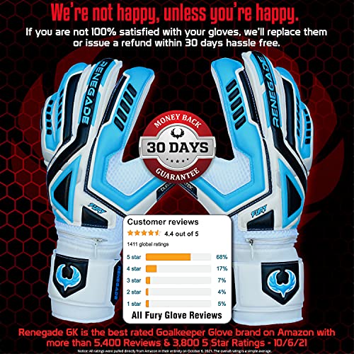 Renegade GK Triton Specter Goalie Gloves With Pro-Tek Fingersaves | 3.5+3mm Super Grip & 4mm Duratek | Black & Blue Soccer Goalkeeper Gloves (Size 6, Youth, Kids, Roll Cut, Level 2), Goalkeeper