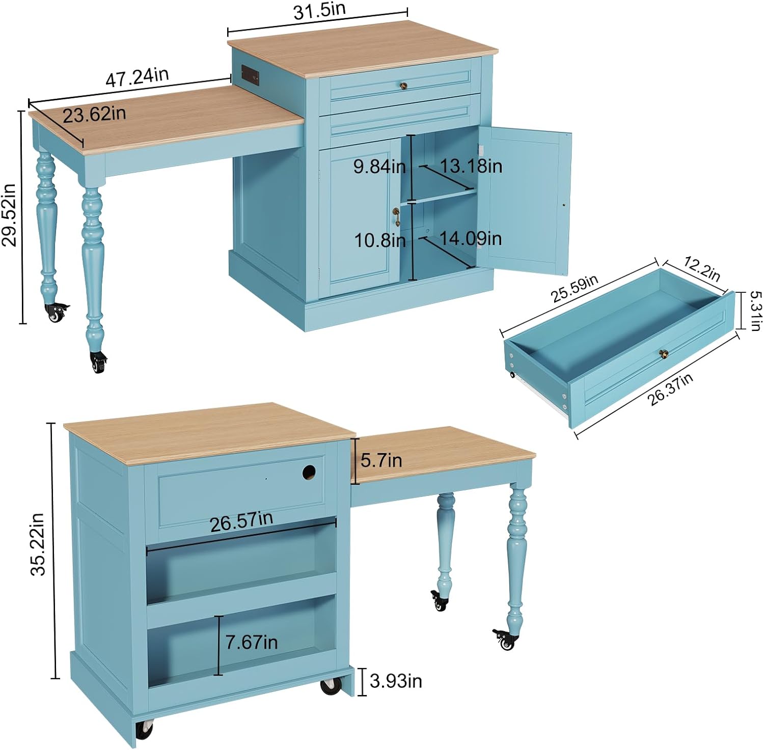 HLR 72" Kitchen Island with Extendable Table for 2-4, Island Table for Kitchen with Power Outlet and Storage Slide Out Legs, Rolling Islands Cart with 2 Doors (Blue)