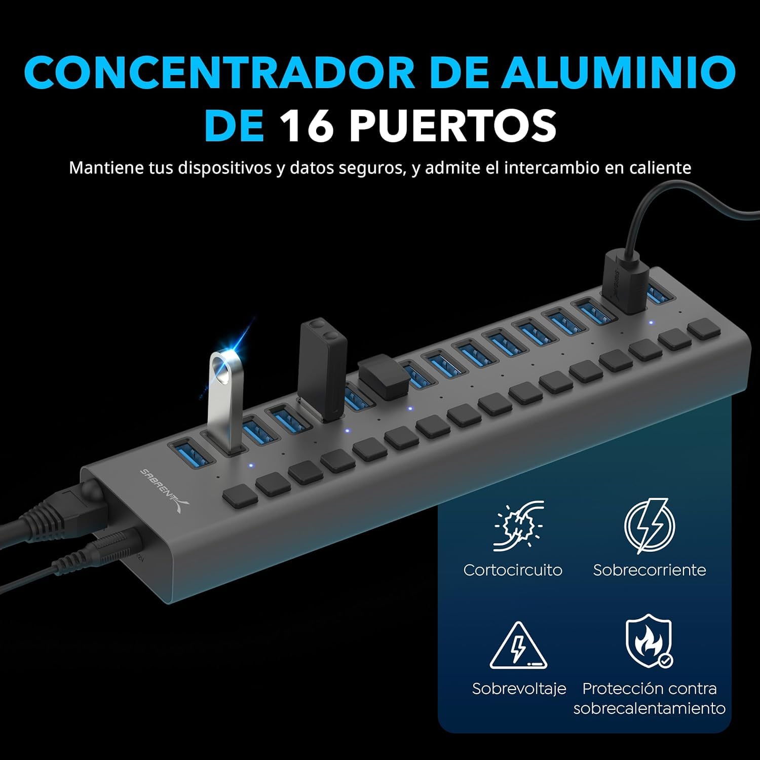 SABRENT Hub de 16 Puertos USB y con interruptores de alimentación Individuales y LED | USB 3.0 | Estación de Carga | Incluye Adaptador de Corriente de 90W | para PS5, Xbox, PC, Gaming [HB-PU16]