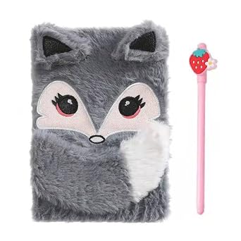 Plush Unicorn Rainbow Diary Notebook Fuzzy Journal Animal Lover Gifts for Kids Girls Teens Writing Pad A5 Lined 160 Pages Gray Fox