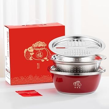 Stainless Steel Mixing Bowl Set 3 Piece Stackable Basins for Kneading Dough Washing Vegetables Food Storage New Chinese Style Kitchen Utensils Natural RedB