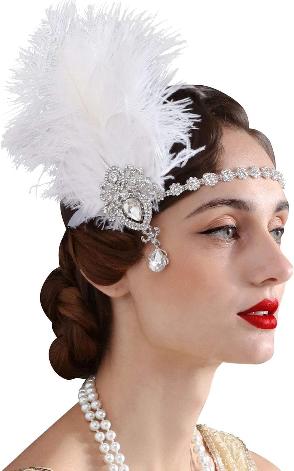 1920s Feather Headpiece, Womens Ostrich Feather Crystal Headband, Great Gatsby Hair Accessories for Women, Ribbon Tie, Flapper Accessories, Art Deco Headpiece (White)