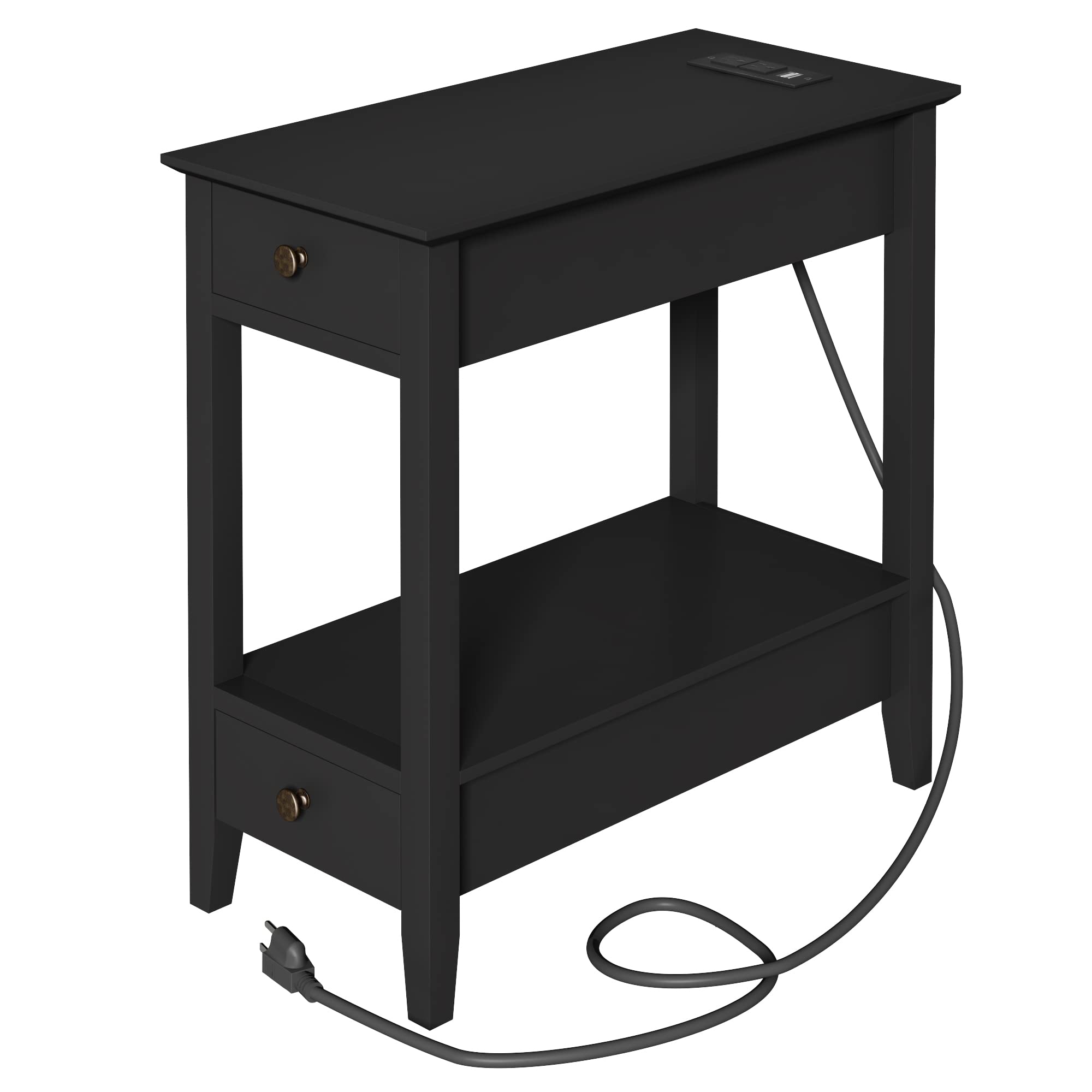 Treocho Side Table with Charging Station, Narrow End Table with Storage, 2-Drawer Nightstand with USB Ports & Power Outlet, Black Sofa Bedside Table for Small Spaces, Living Room, Bedroom