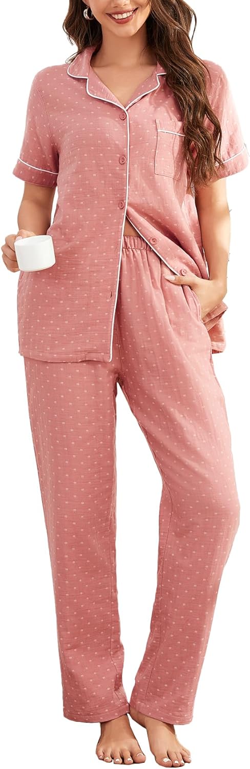 Flygo Cotton Pajamas for Women Set Short Sleeve Button Down Pajamas Soft Cute Pjs 2 Piece Lounge Set Sleepwear