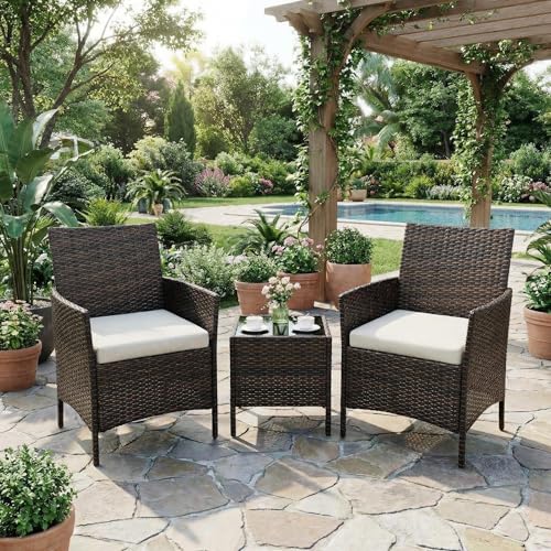 GarveeLife 3 Pieces Patio Furniture Set, Outdoor Furniture Sets with Cushions and Tempered Glass Table for Porch & Garden, Brown Wicker/Beige Cushions by GarveeLife - Image 3