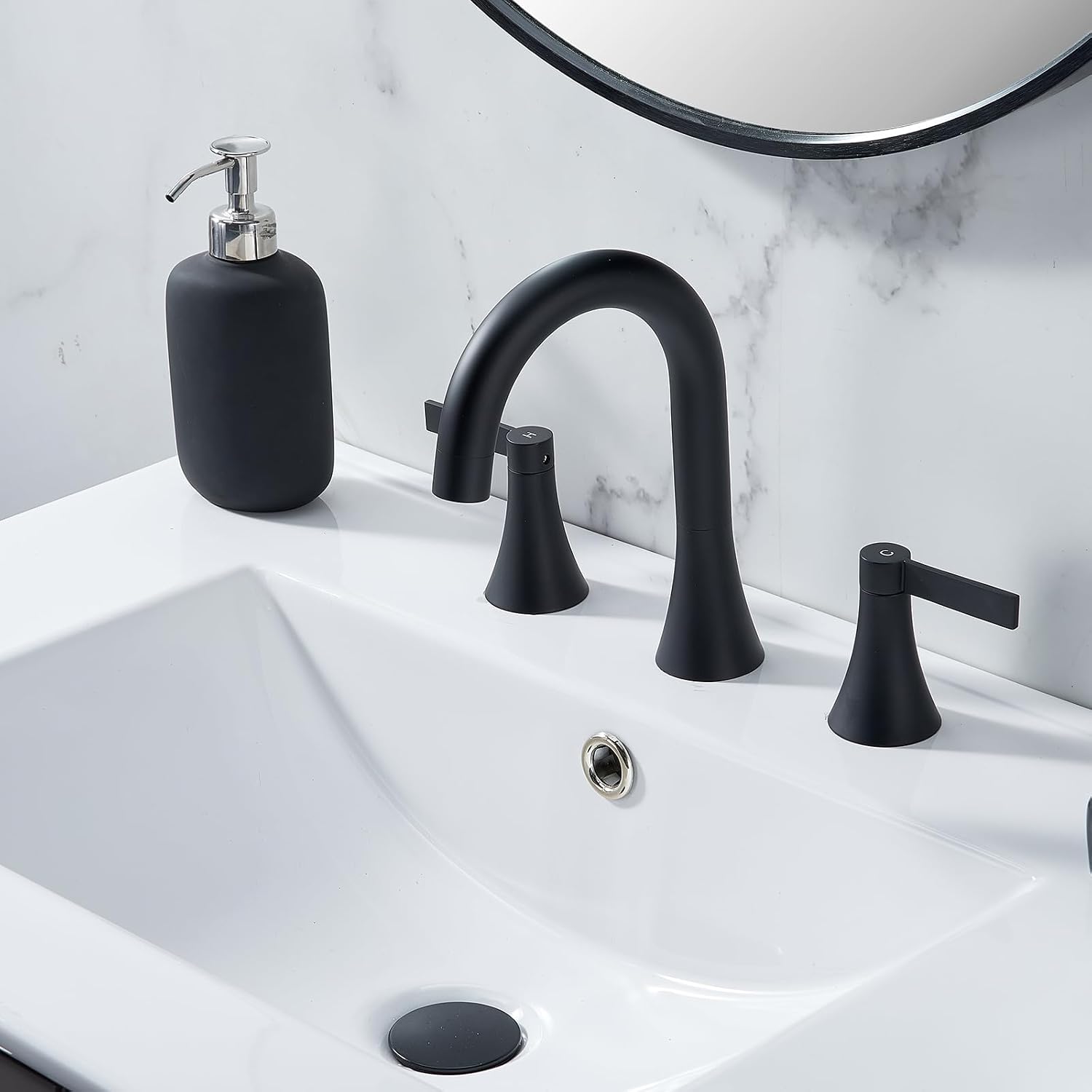 VAPSINT Matte Black Bathroom Faucet 3 Hole, 8 Inch Widespread Bathroom Sink Faucet with Pop-Up Drain and Supply Lines, Commercial 2 Handle Stainless Steel Black Vanity Faucets