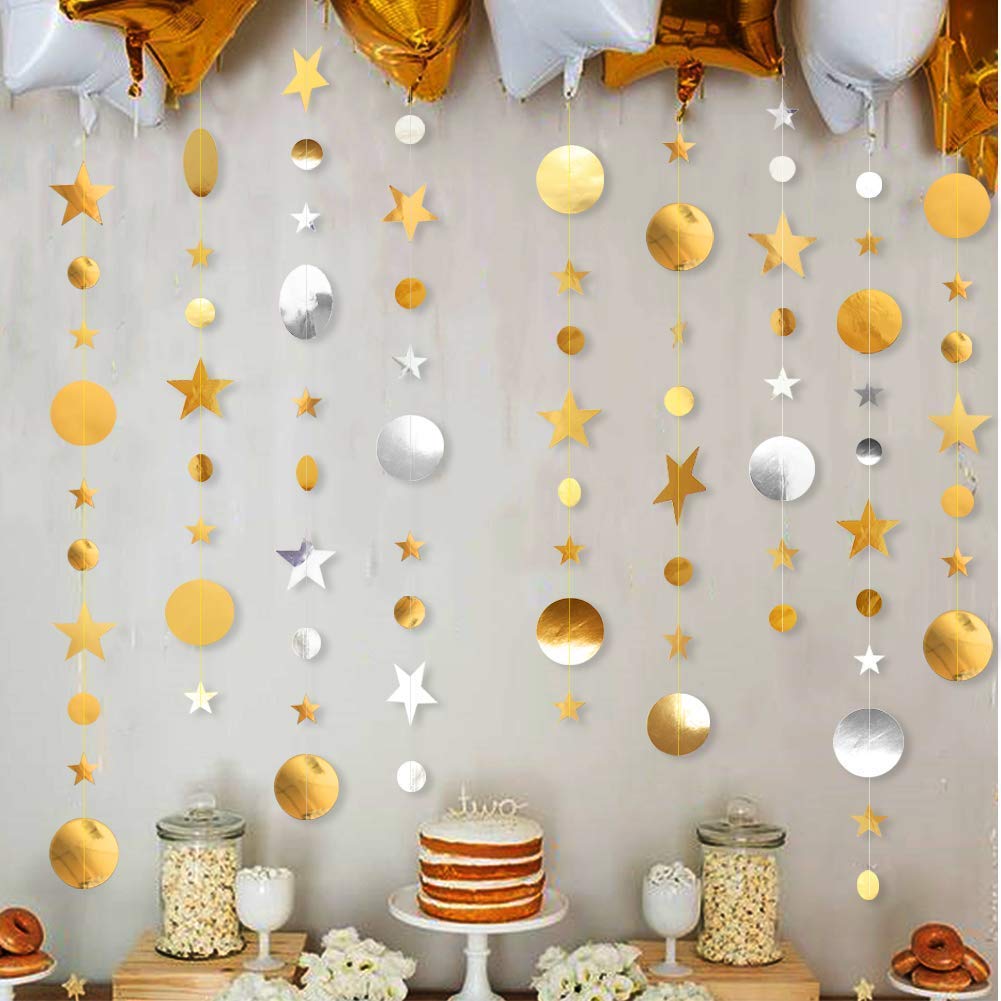 CASA DECOR Guirnalda de Estrellas metálicas para Colgar en Fiestas, Papel Brillante 3D, con Purpurina en múltiples Formas
