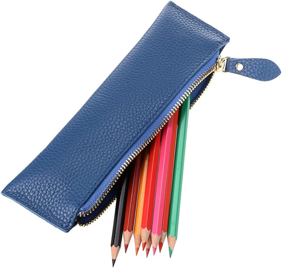 BTSKY Genuine Leather Pencil Case - Zippered Pen Case Stationery Bag Zipper Pouch Pencil Holder(Blue) image 3