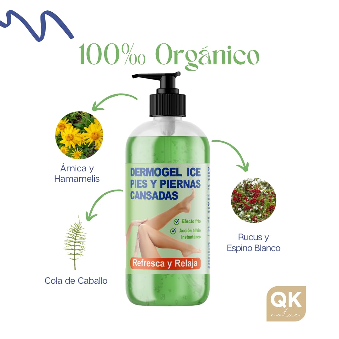 QKnatur - Gel Efecto Frío para Pies y Piernas Cansadas, Hinchadas o con Varices - 500 ml - Sensación de Alivio y Bienestar - Refrescante, antiinflamatorio y relajante. Estimula la circulación