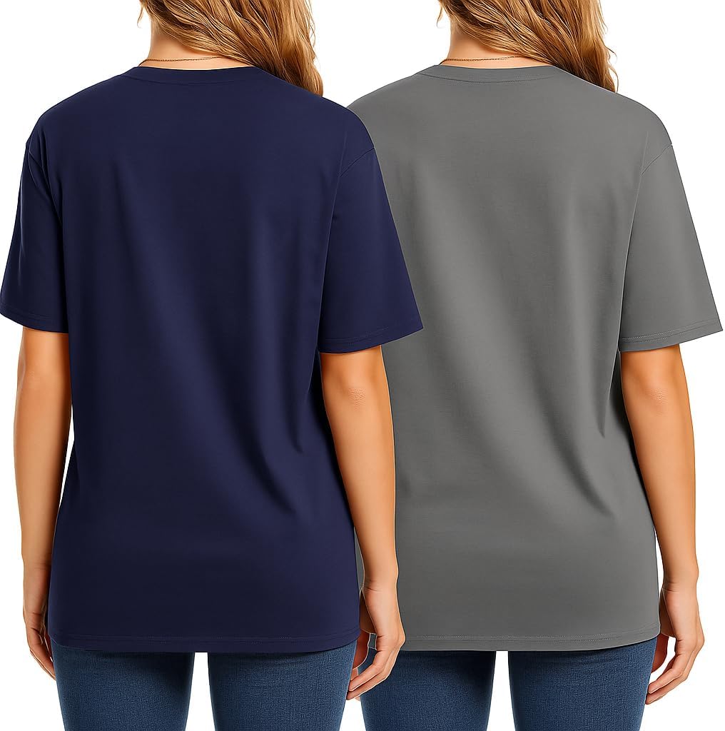 Combed Cotton Summer Tops for Women – Short Sleeve Crewneck T-Shirts, Compact Knit Loose Fit Basic Tees 2 Pack Black White - Image 2