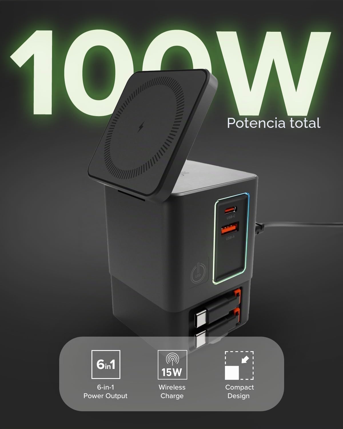 SBS Power Dock 6in1 100W USB-C, Carga Inalámbrica 15W, Compatible con MagSafe, Power Delivery (PD 3.0 PPS), Estación de Carga con 2 Cables Retráctiles, Adaptador para Portátil, iPhone, AirPods, Negro | Power Delivery (PD 3.0 PPS), estación de carga con 2