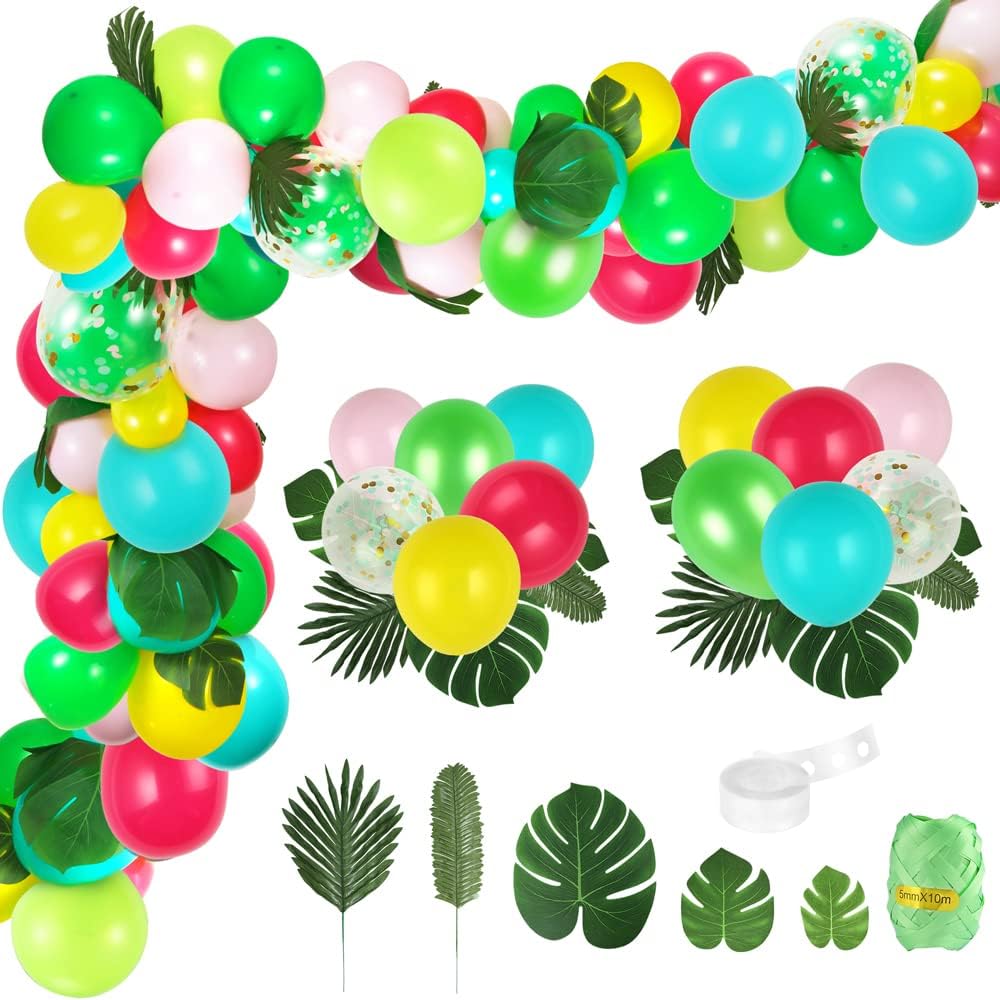 Auihiay 153 Pieces Hawaiian Balloon Garland Kit Luau Tropical Balloon Arch with Palm Leaves and Balloon Strip for Hawaiian Summer Party Decorations