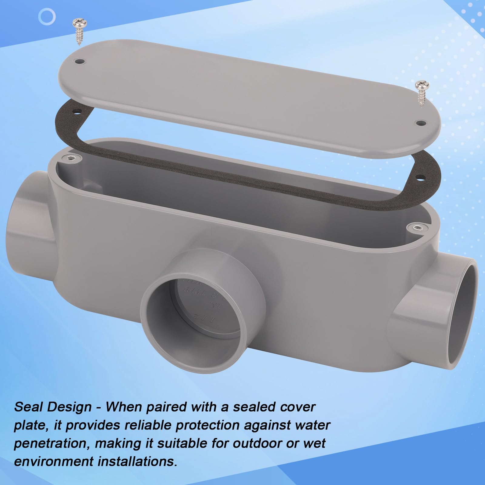 2Pack 1-1/2 Inch Rigid PVC Conduit Body Type T 1.50IN Slip x Slip PVC Conduit Bodies T Type with Cover and Gasket, Gray — Amazon image 3