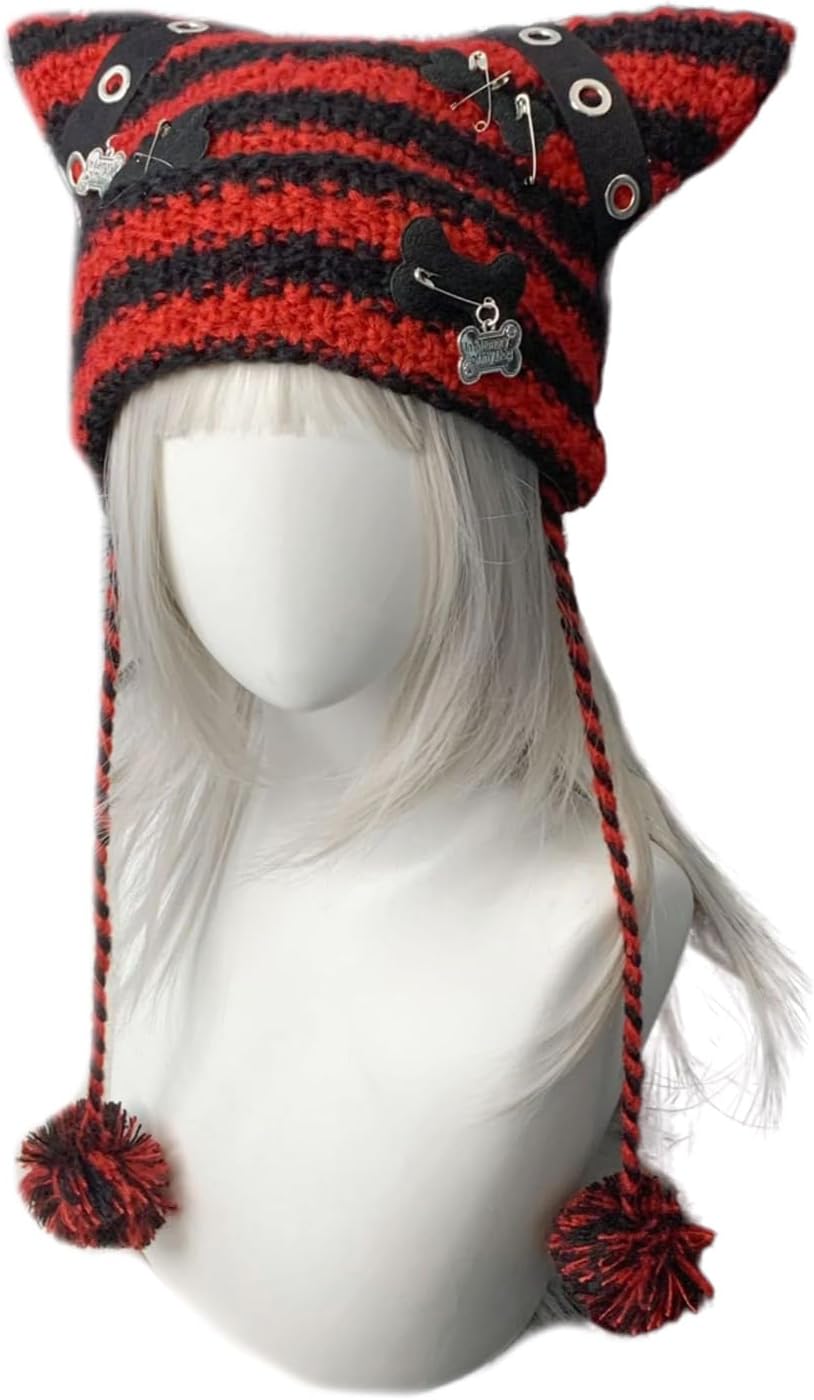 Ear Striped Hat Subculture Streetwear Knitted 2000s Girls Winter Crocheted Hats Cool Photo Props Y2K GIRL Ear Hat