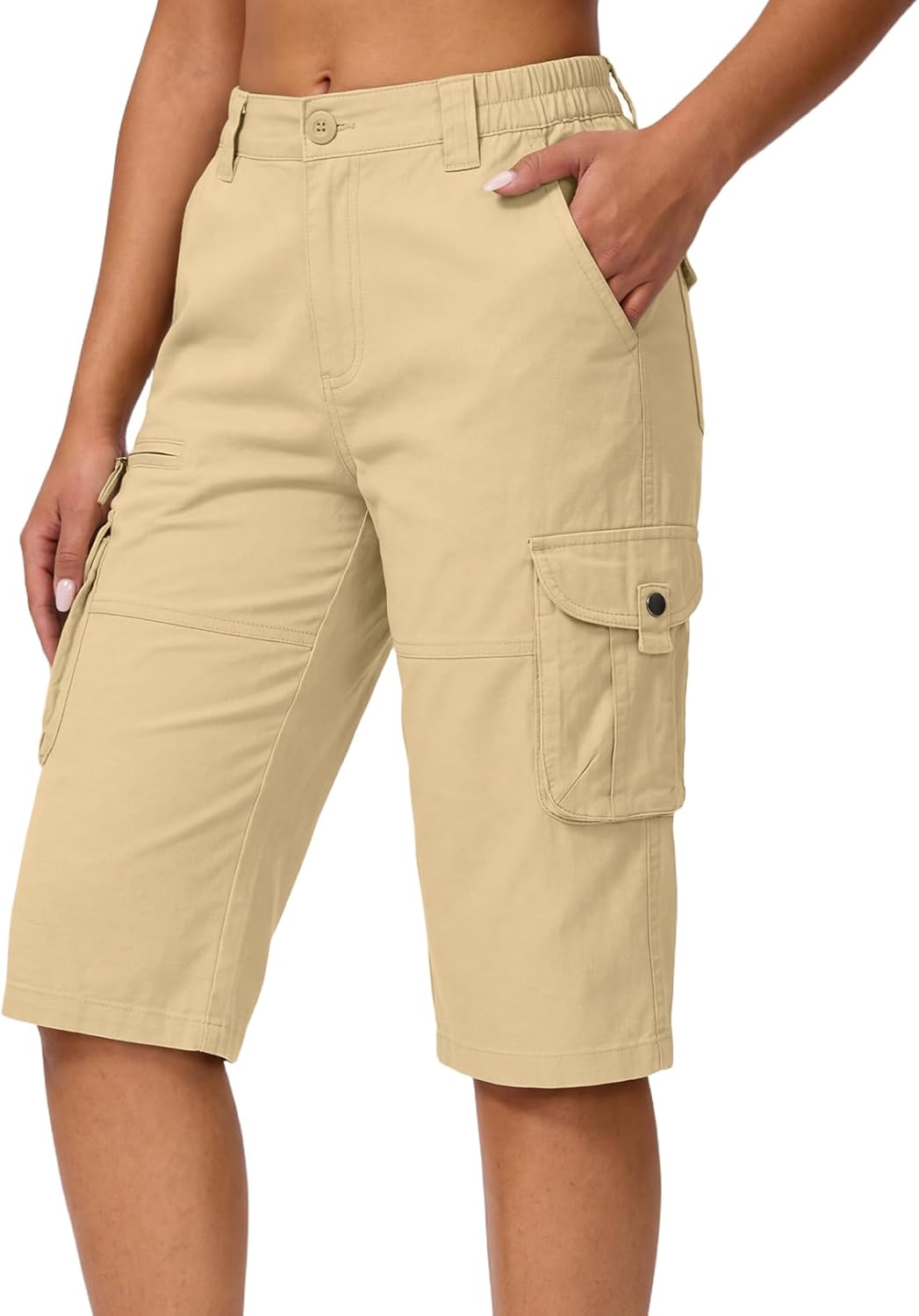 Cotton Capri Hiking Shorts Mid Rise Womens Cargo Shorts Casual Travel Outdoor Shorts with Multi-Pockets Elastic Waist