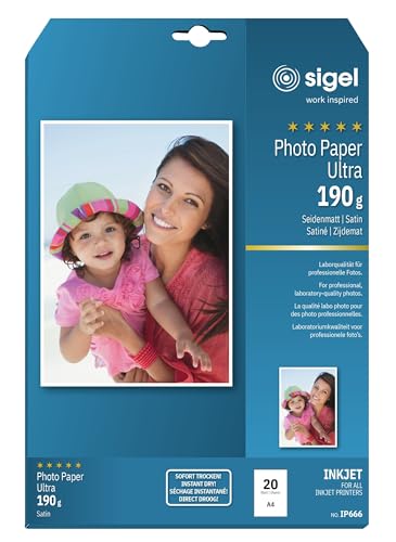SIGEL IP666 InkJet Fotopapier Ultra, A4, 20 Blatt, seidenmatt, extrem lichtbeständig, 190 g, für hochwertige Fotografien