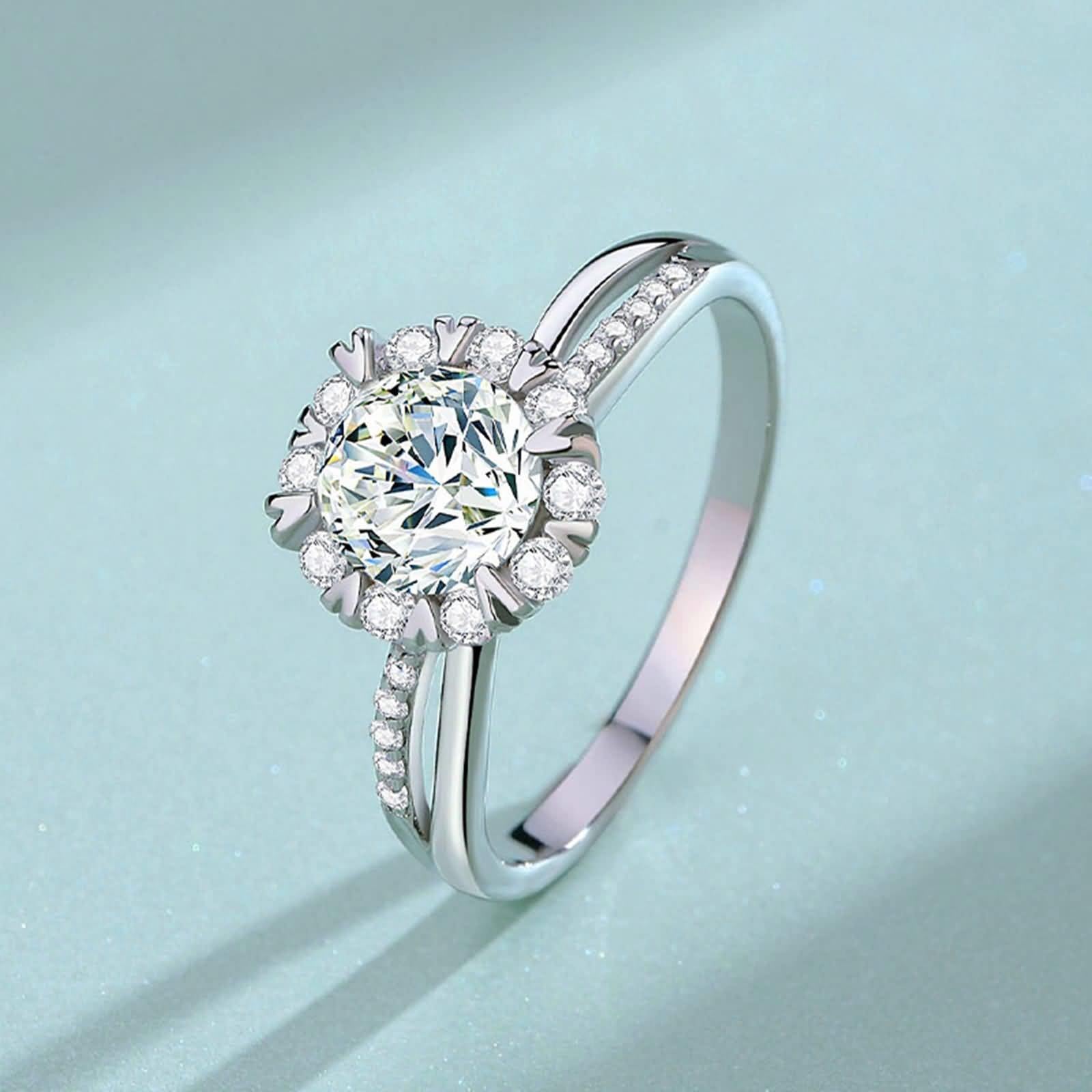 Anillos de compromiso con moissanite de 1 ct, anillo de boda de oro auténtico Halo Moissanite, anillos de boda de oro blanco para mujer