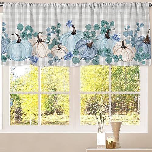 AnyDesign Fall Curtain Valance 54 x 20 Inch Blue Gray Pumpkin Valance Curtain Rod Pocket Watercolor Buffalo Plaid Short Window Treatment for Autumn Harvest Thanksgiving Home Kitchen Cafe Window Decor