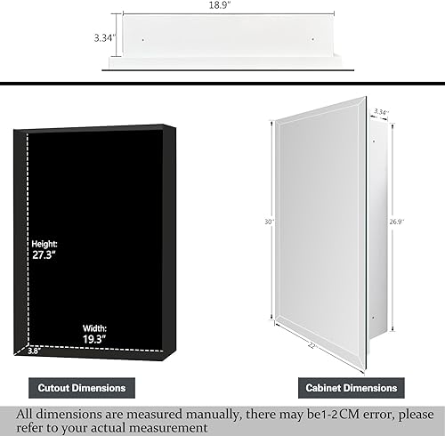 Miniatura 4 de Botiquín de baño con espejo sin marco de 22 x 30 pulgadas, gabinete de medicina biselado rectangular sin marco, gabinete montado en la pared para