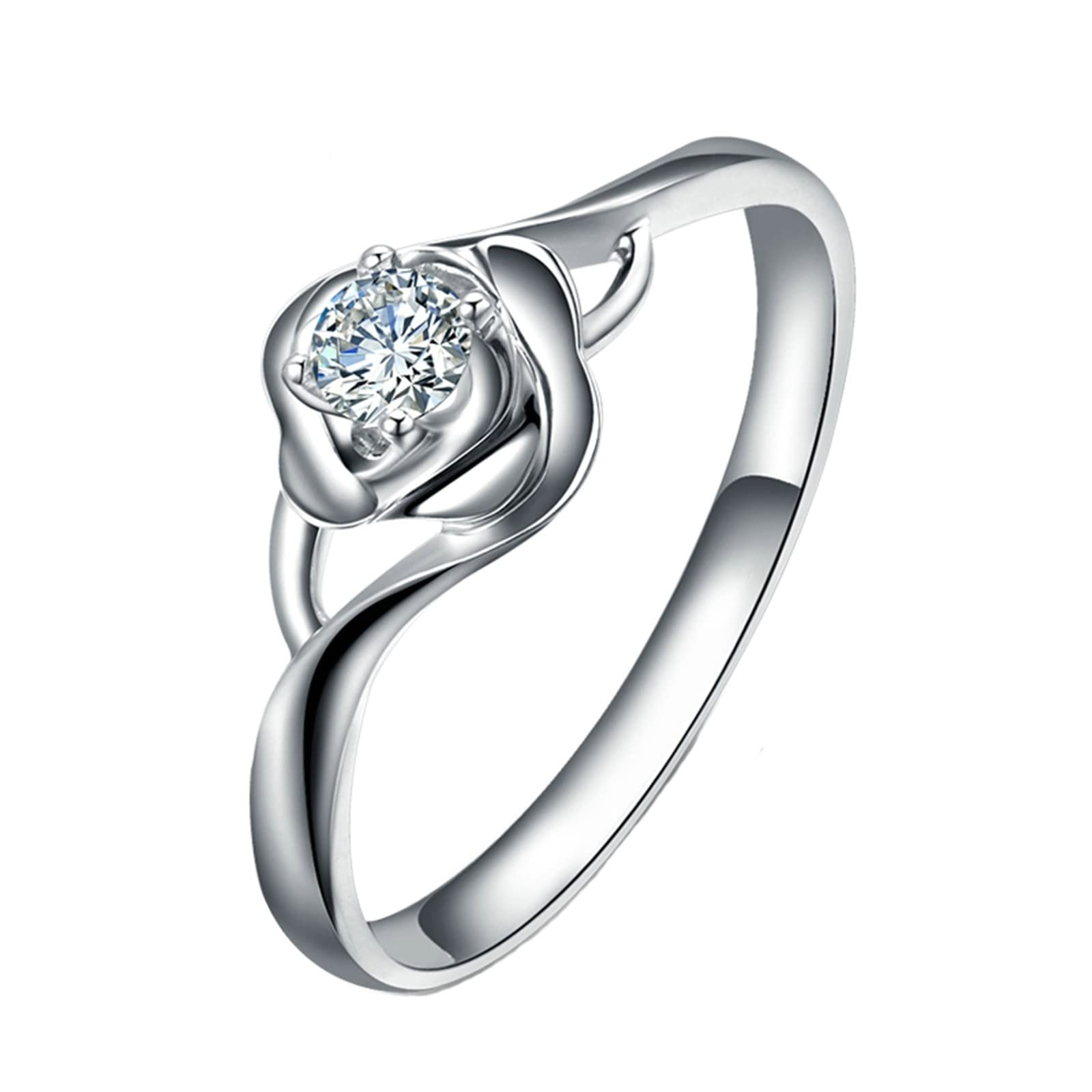 Bague en or véritable pour femme - Or blanc 18 carats Au750 0,14 ct - Créée en laboratoire - Diamant - Motif fleurs - Avec 4 griffes - Or véritable - Collection en or véritable