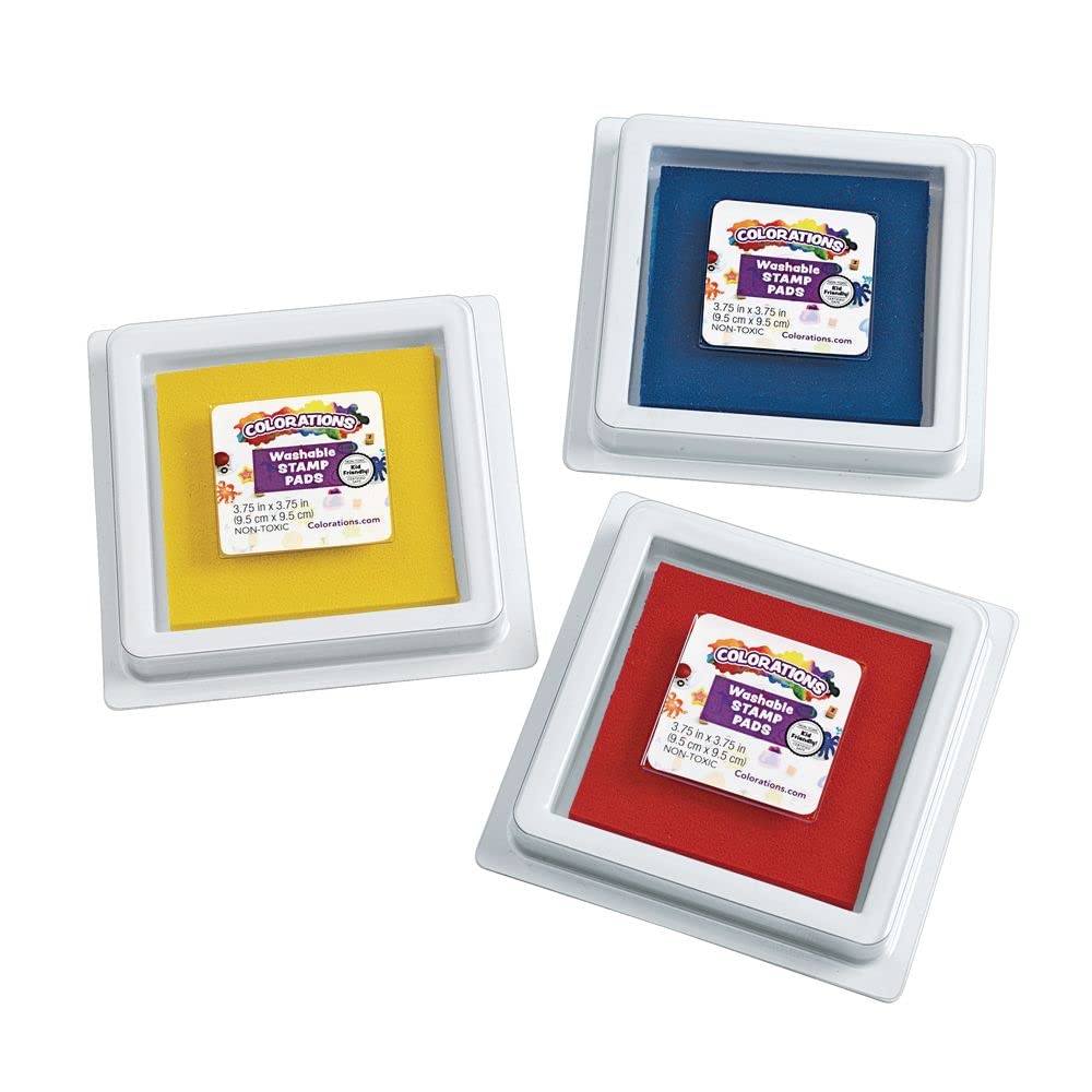 Colorations Stamp Pads, 3.5 IN SQ,3 CLRS, 3-3/4 inch Sq. stamp pads are filled with super washable ink. Perfect for kids, super-washable, non-toxic ink.