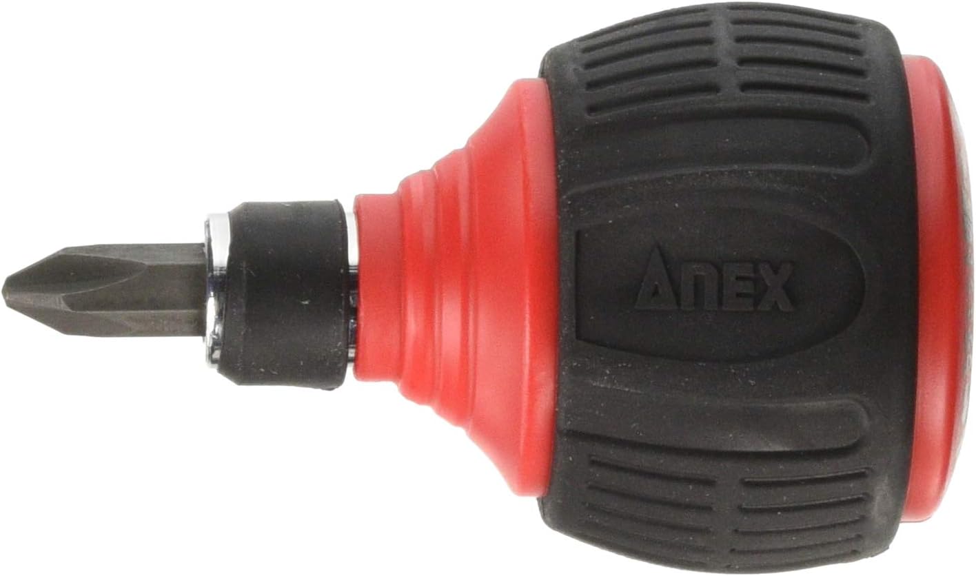 ANEX Ratcheting Screwdriver Stubby Ball Handle, Japanese Heavy Duty Bit Set (Phillips+2, Flat