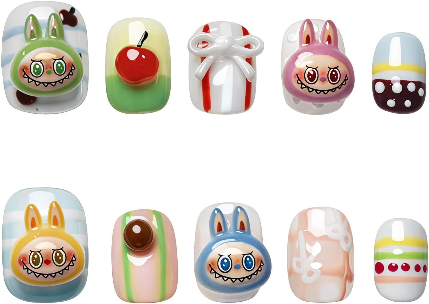 3D Cherry Press on Nails Short Square - Cute Cartoon Design with Mini Bow Charms, Colorful Kawaii False Nails for Women and Girls (Cartoon-A,S)