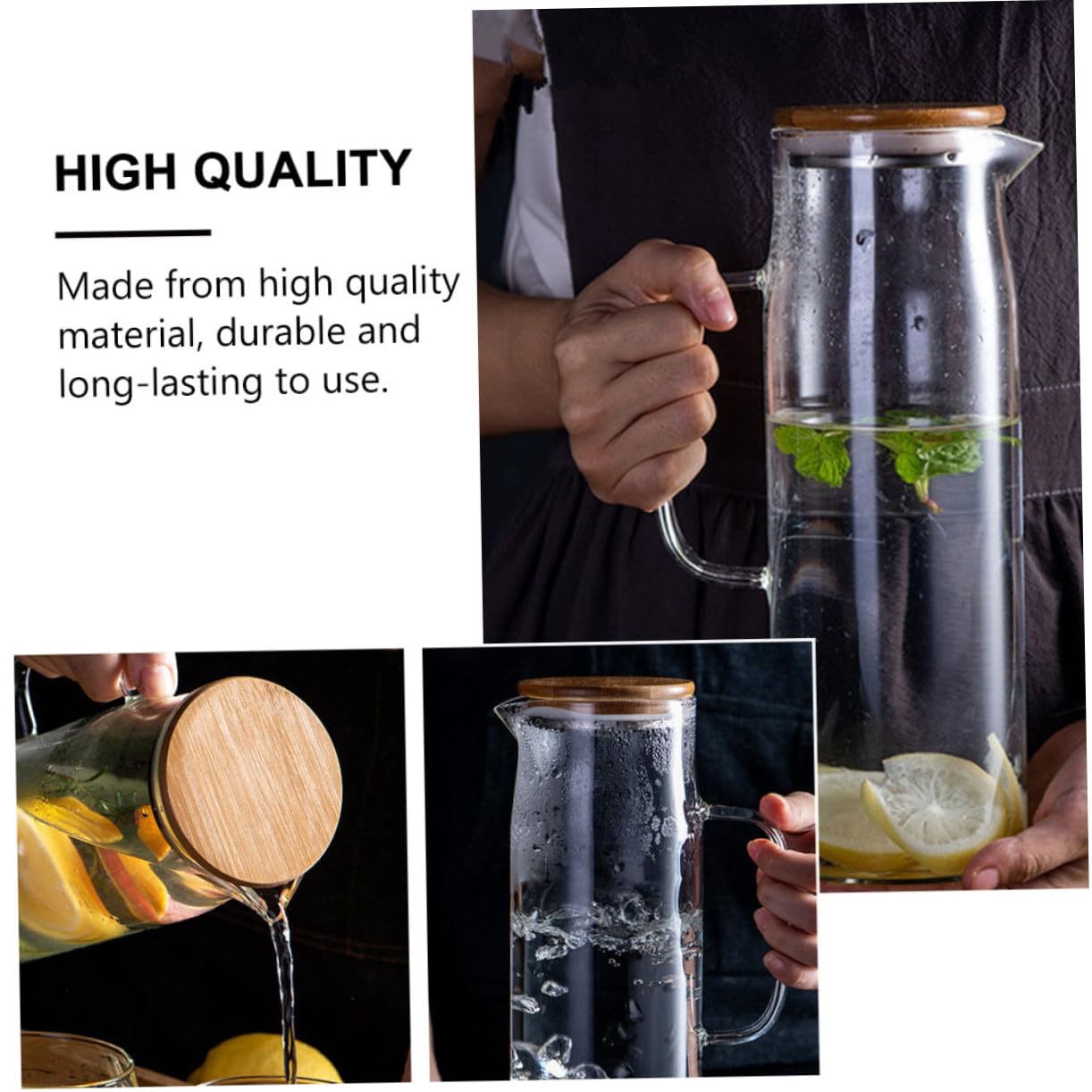 Jarra de Agua Fría de Vidrio de Borosilicato 1, 2 L Resistente al Calor | Gran Capacidad, Vidrio Grueso Antiexplosión, Tapa de Bambú, Apta para Bebidas Frías y Calientes