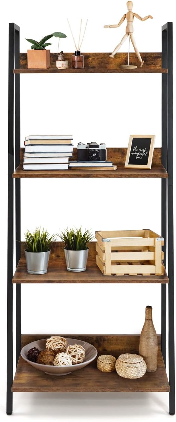 Fencer Wire 4 Tier Ladder Bookshelf, 24 Inch Width Free Standing Shelf, Bookcase Shelf Storage Rack Organizer, Industrial Book Shelves for Home Office, Living Room, Kitchen, Rustic Oak Vintage Shelves