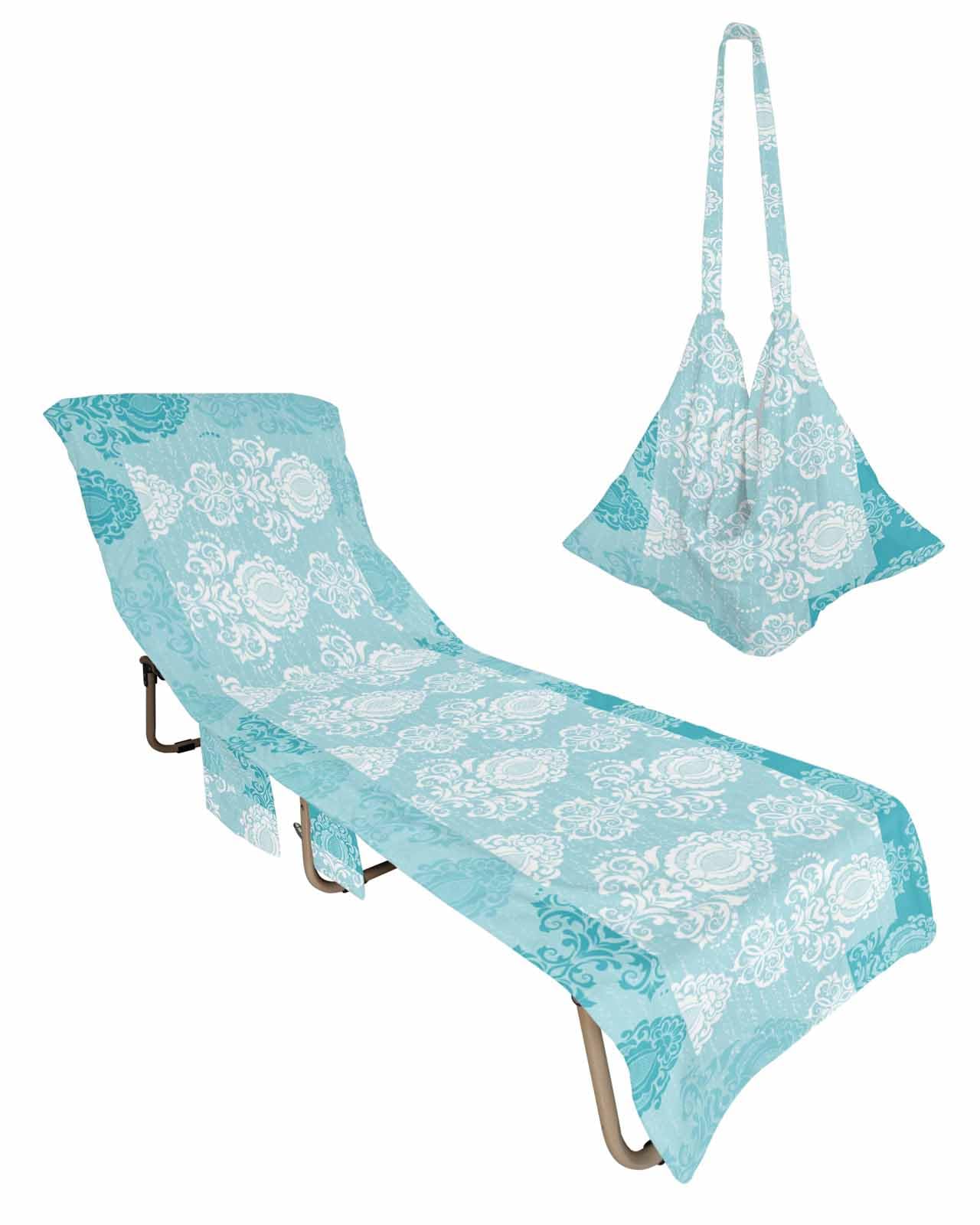 Beach Pool Patio Lounge Chaise Chair Cover Towel with Pockets,Turquoise Damask Absorbent & Quick Dry Microfiber Towel Cover Bag Summer Travel Accessories Luxury Medallion Vintage Paisley Boho Floral