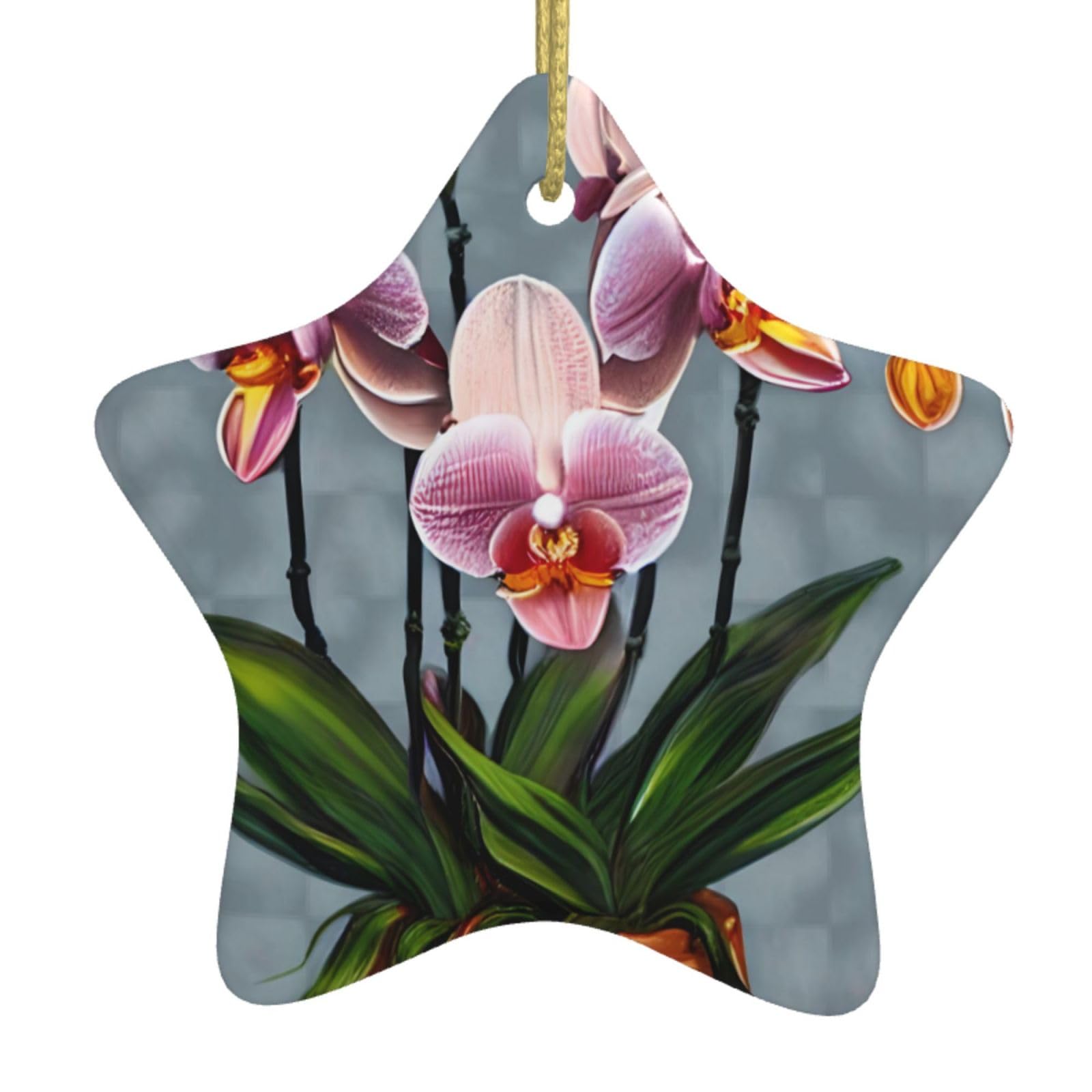 Blooming Orchids Christmas Ceramic Star Pendant with Punched Holes and Gold Wire Rope, Christmas Tree Home Decoration