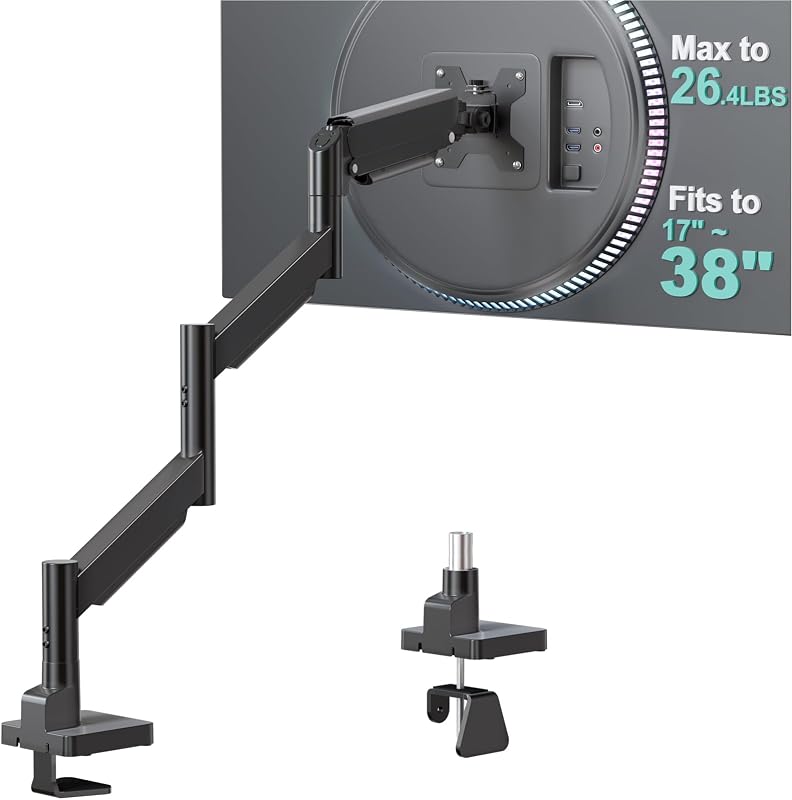 Extra Long Single Monitor Arm for 17-38 inch Screens, up to 26.4 lbs | Tall Monitor Desk Mount, Full Motion with Tilt, Swivel, Rotation, C-Clamp/Grommet Base, VESA 75/100mm (GSMP001L), Black