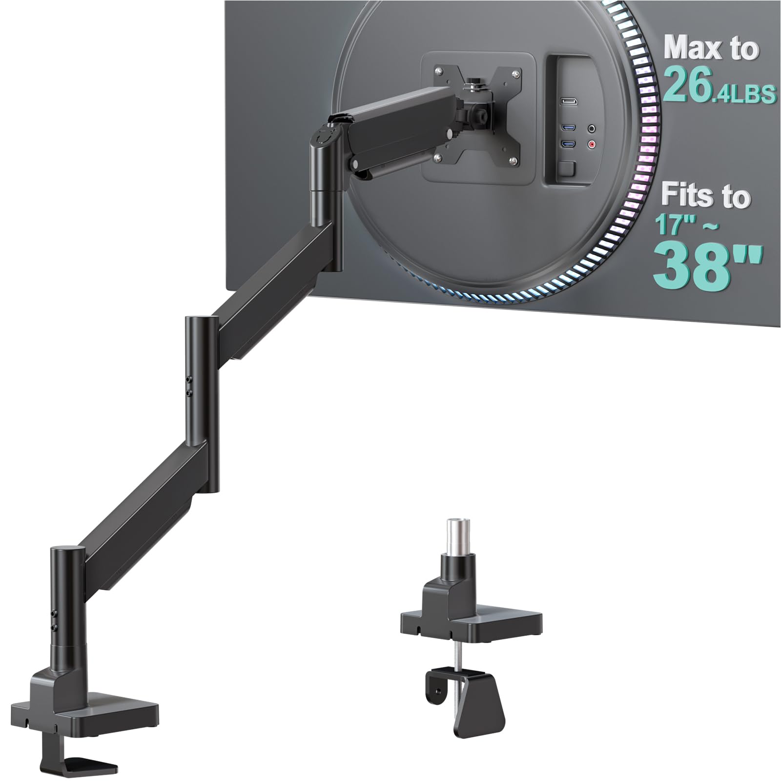 WALI Extra Long Single Monitor Arm for 17-38 inch Screens, up to 26.4 lbs | Tall Monitor Desk Mount, Full Motion with Tilt, Swivel, Rotation, C-Clamp/Grommet Base, VESA 75/100mm (GSMP001L), Black Black (Single) 17" to 38"