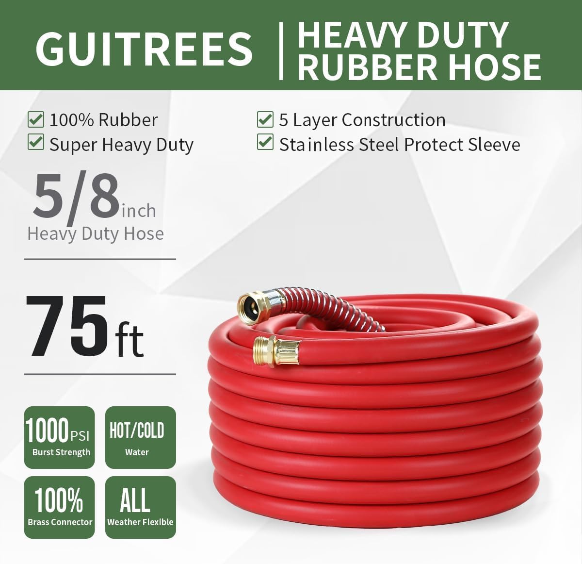 Garden Hose 75FT x 5/8”, Heavy Duty Rubber Hose, Water Hose with Five-Layered Braiding, Hot/Cold Water, 1000PSI Burst, 200PSI Working (Red)