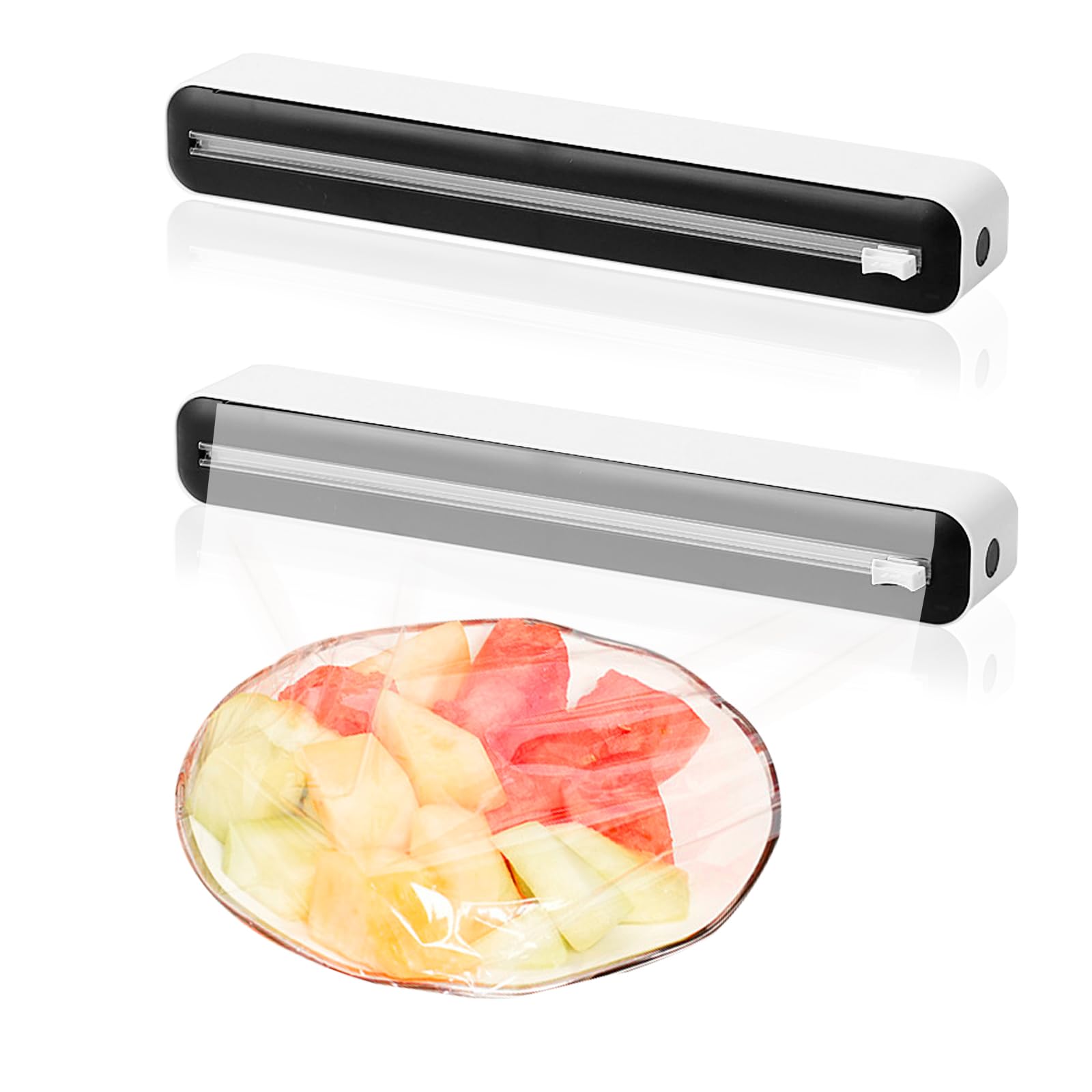 2 Stück Frischhaltefolien Spender, Wand-Folienschneider Saugnäpfe Folienspender Haushalt Folienabroller mit Bidirektionale Schiebe Cutter für Küche (Schwarz)