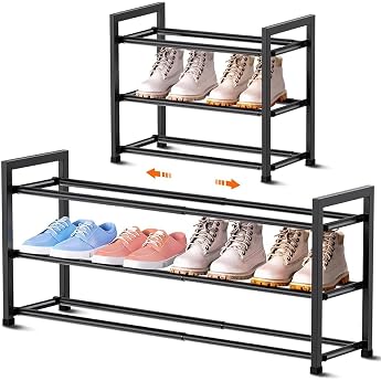 Bumusty Shoe Rack 3 Tiers Extendable 45 to 83 cm Adjustable Metal Shoe Rack for Small Spaces Suitable and Space Saving Suitable for Hallway Bedroom and Entrance Area Black