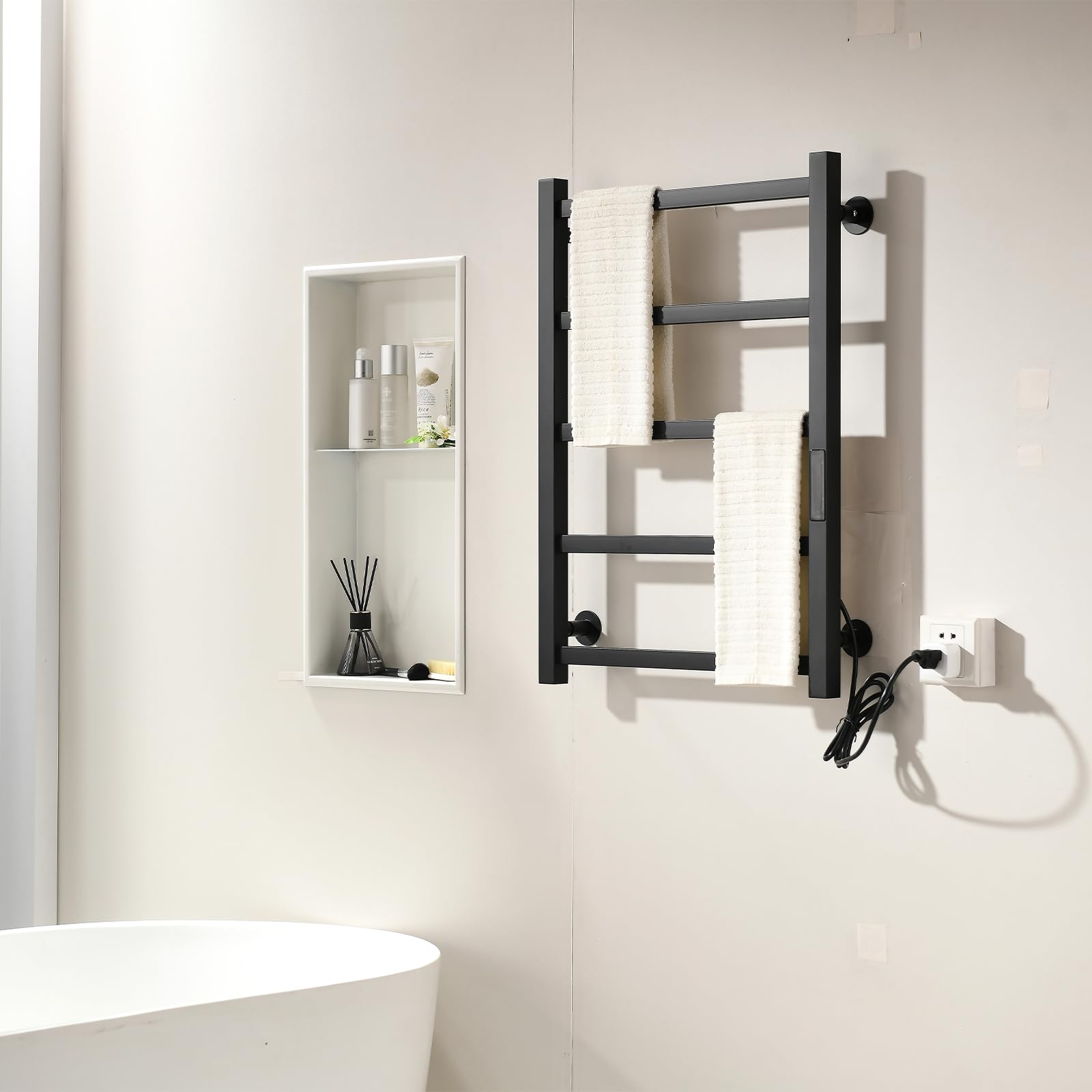 Scaldasalviette elettrico nero 700 x 500 mm con touch screen LED, scalda asciugamani a tempo e temperatura regolabile