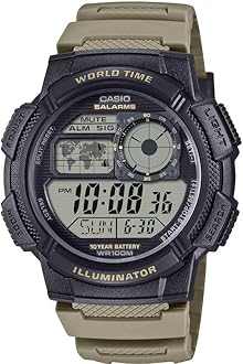 AE-1000W Series | Men’s Digital Watch | Black/Gray | 100M WR | World Time | Multi Time Display | Countdown Timer | Stopwatch | LED Backlight | Auto Calendar | 5 Alarms | 10 Year Battery