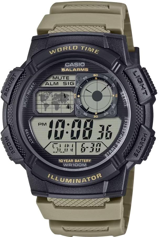 AE-1000W Series | Black/Tan | 10-Year Battery | World Time | Daily Alarm | Digital Illuminator Watch, Black | Tan